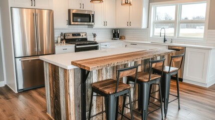 A modern kitchen island with rustic wooden bar stools.