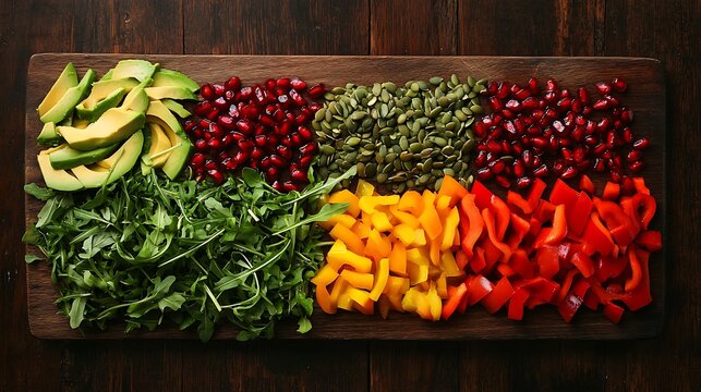Freshly Prepared Vegetables Fruits and Seeds Artfully Arranged on a Board