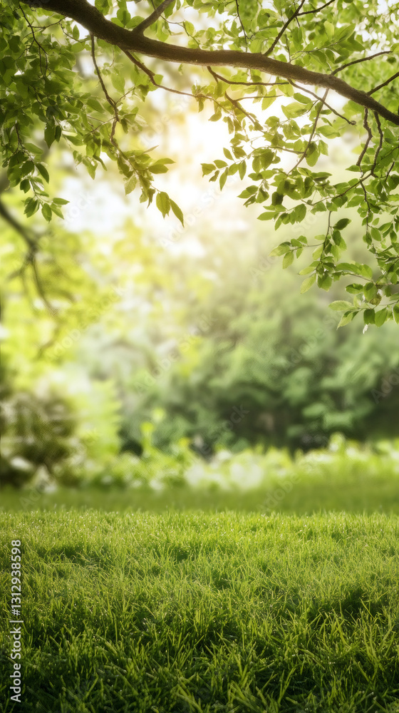 Aufkleber green grass in the foreground with sunlight filtering through leaves in a peaceful blurred forest in