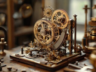 Obraz premium Intricate gold gears interlock in a clockwork mechanism, showcasing precision engineering and vintage charm. Time ticks onward.