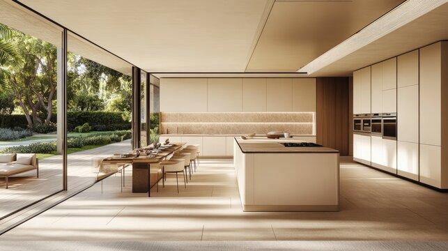 A premium kitchen featuring ultra-smooth handleless cabinetry in a soft beige tone.