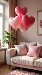 Pastel heart balloons float in cozy living room Romantic Valentine's Day ambiance , stock photo, design, blue