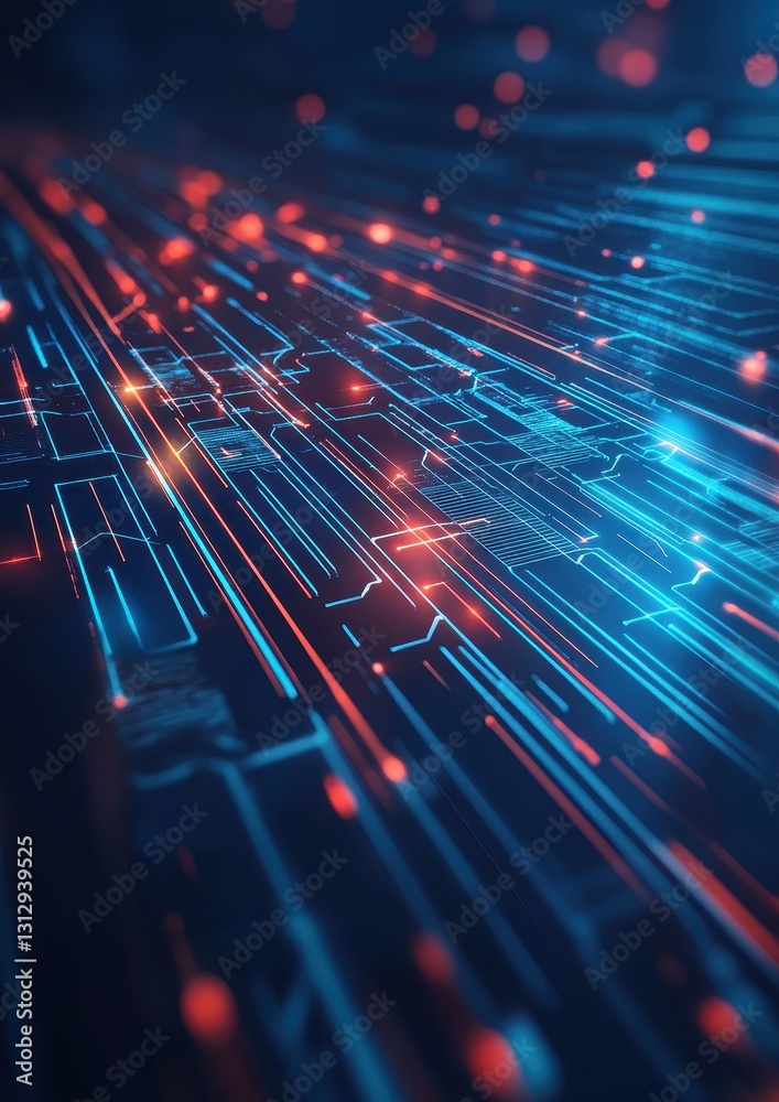 Wall mural abstract technology background with bright blue and red lights illustrating data connection and mode