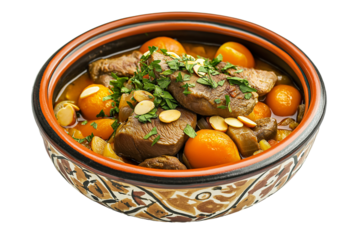 Moroccan lamb tagine with apricots and almonds isolated on transparent white background