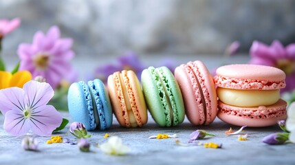 Professional image of Vibrant Macarons Arranged with Delicate Flowers for Stylish Events