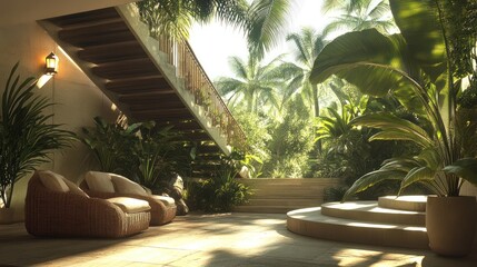 Fototapeta premium Tropical Garden Lounge with Palm Trees and Relaxing Outdoor Seating