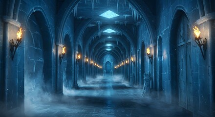 Exploring Cold Castle Hallway with Torches and Eerie Mist