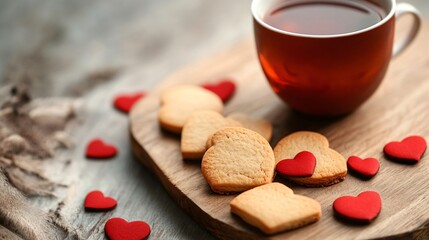 Rustic Wooden Board with Sweet Cookies and Cup of Tea - Serene Composition