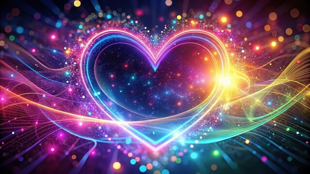 Glowing heart particles suspended in a vibrant neon background with swirling shapes and lines, colorful, neon, colorful, neon