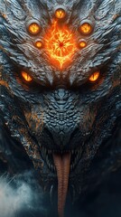 Majestic dragon with fiery gaze and power.