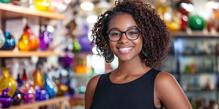 friendly female entrepreneur standing in glass shop 