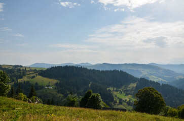 Scenic view of mountain range covered in dense green forests and vast open meadows stretched under...