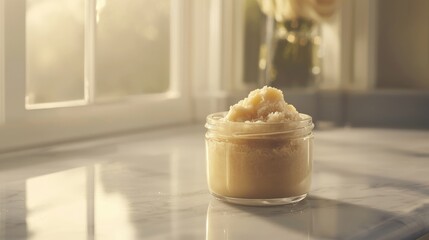 Elegant Exfoliating Body Scrub in Glass Jar on Marble Vanity