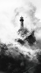 A tall lighthouse on a rocky coast amidst a stormy sea