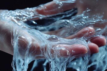 Fototapeta premium Clear, viscous liquid stretches between hands in a dimly lit setting, showcasing the unique texture and movement of the fluid as it flows
