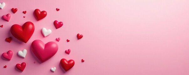 Scattered hearts, various sizes and shades of red, pink, and white on a soft pink background , decor, illustration, card