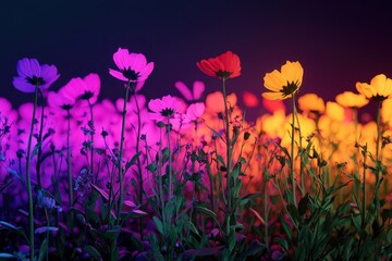 Obraz premium A vibrant field of flowers in varying colors, creating a stunning visual display against a dark background.