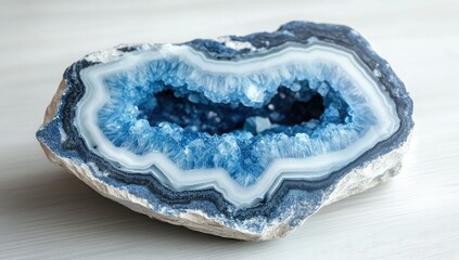 Blue agate geode on white wood background, natural crystal, mineral specimen, geology
