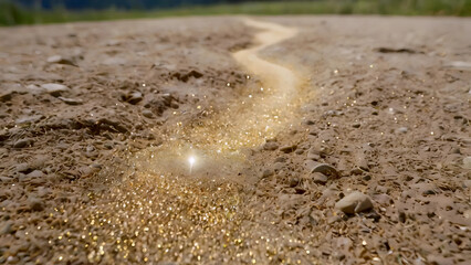 little golden sand sparkling among the sandy mountain path in the middle of a meadow 