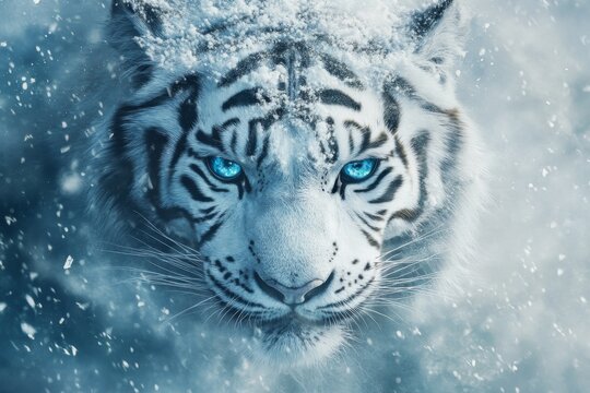 A powerful white tiger with bright blue eyes emerges through falling snow, surrounded by a wintry landscape that highlights its stunning fur and fierce presence