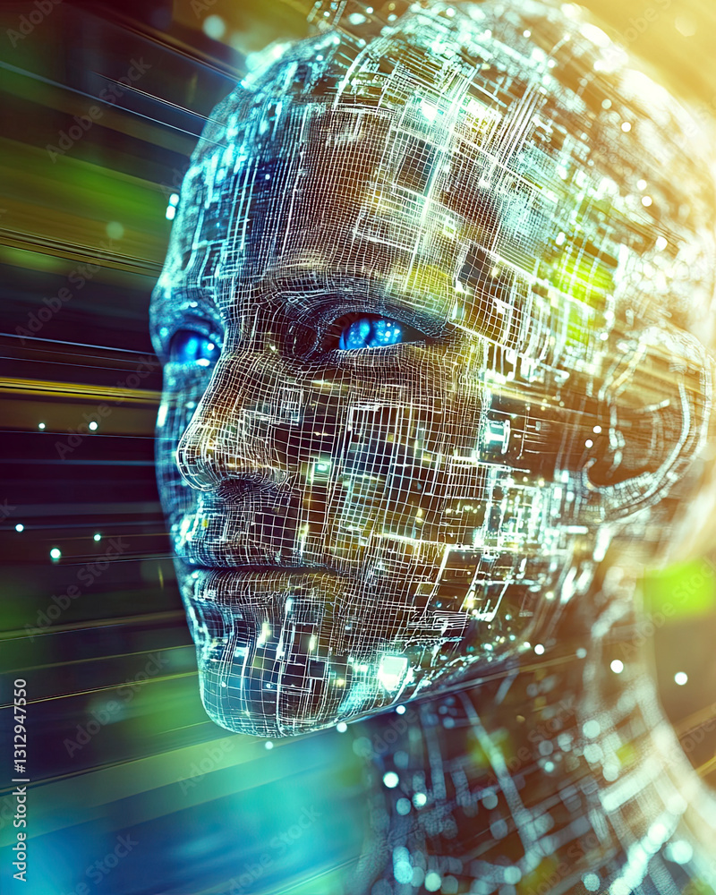 Poster mysterious hologram reveals an alien face in a futuristic setting filled with vibrant colors