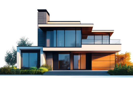 Modern architectural design showcases elegance with large windows and wood accents in a serene outdoor setting during daytime