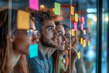 Young group engaged in a brainstorming session, observing sticky notes on a glass wall in a contemporary office setting, fostering creative ideas