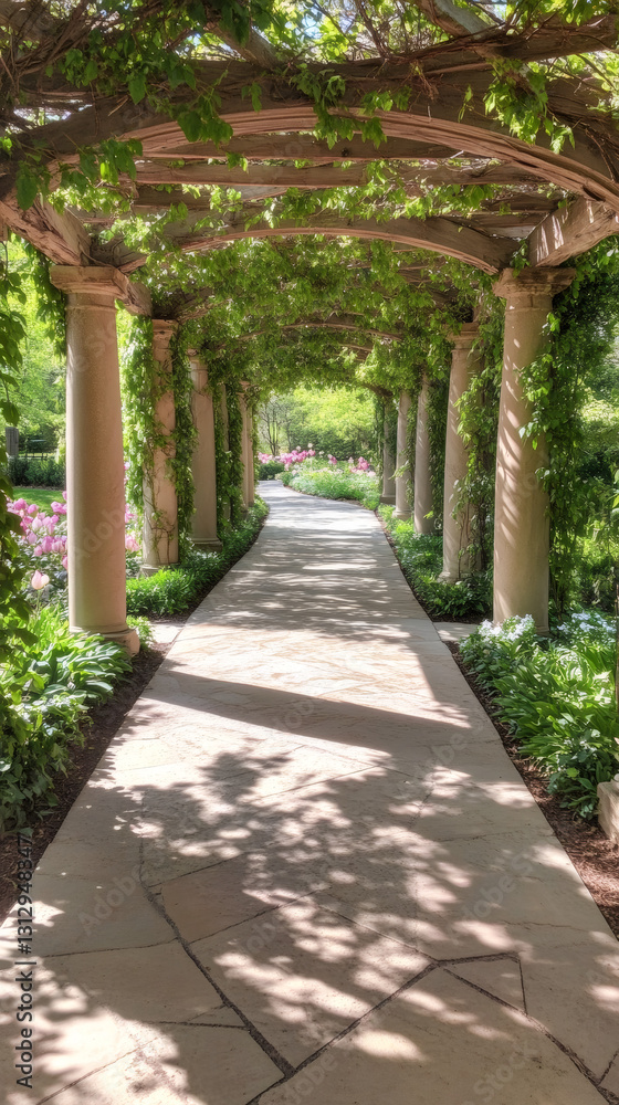 Poster Sunlight filters through a verdant pergola, casting dappled shadows on a flagstone path winding through a vibrant garden