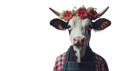 Cow wearing flower crown and apron on transparent background