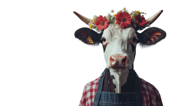 Cow wearing flower crown and apron on transparent background