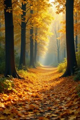 Golden leaves descend, carpeting forest floor, decay, descent