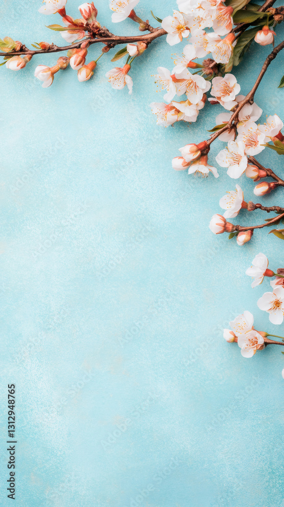 Poster spring blooming branches framing light blue textured background creating beautiful floral compositio