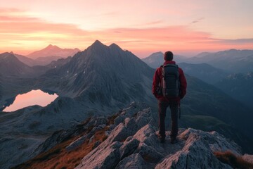 A solitary hiker stands on a rocky outcrop, soaking in the vibrant colors of dawn as the sun rises over majestic mountain ranges and a tranquil lake