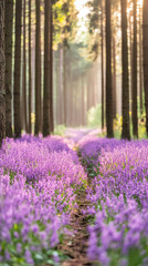 Path lined with purple flowers leading through sunlit trees in Hallerbos forest, creating a magical atmosphere during golden hour