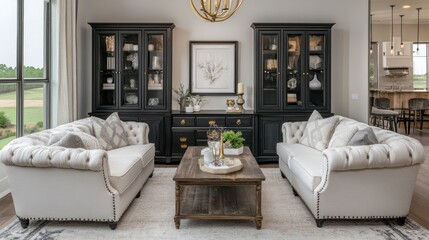 Elegant Living Room Interior with Classic Sofas and Black Cabinets