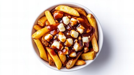 A bowl of poutine, a classic Canadian dish. Golden fries, cheese curds, and savory gravy.