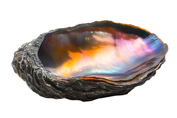 Colorful abalone shell resting on a dark surface showing vibrant iridescence under soft lighting