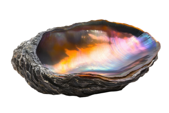 Colorful abalone shell resting on a dark surface showing vibrant iridescence under soft lighting