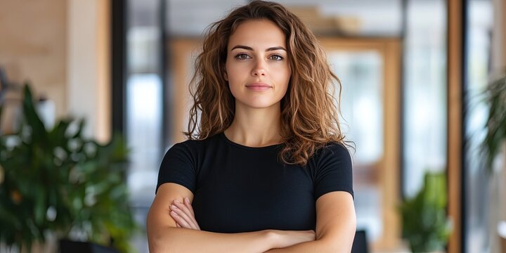 photo of friendly female entrepreneur standing in yoga shala