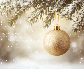 Christmas hanging golden shiny bauble on fir snowy branch on beige background. Xmas greeting card. New Year concept.