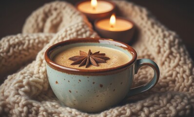 Warm coffee with spices and candles
