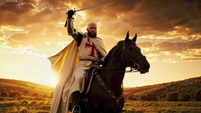 Determined Medieval Knight Templar on Horseback Raising Sword Ready for Battle Concept 4K Video