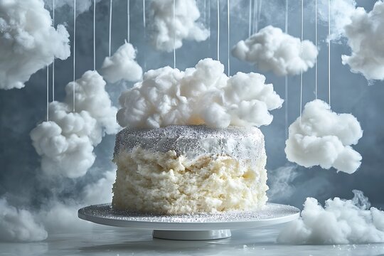 A fluffy, cloud-like birthday cake with silver dusting and a backdrop hanging cotton clouds