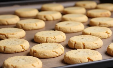 Freshly baked round cookies on tray