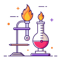 Line Art Bunsen Burner with Flame - Vector Illustration, Clipart & Cartoon Design, Line art Bunsen burner with flame, vector illustration for science and lab-themed designs.