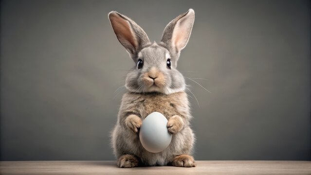 Easter bunny holding an egg in its paws on a gray background with soft, fluffy fur and big, round eyes , spring, hare