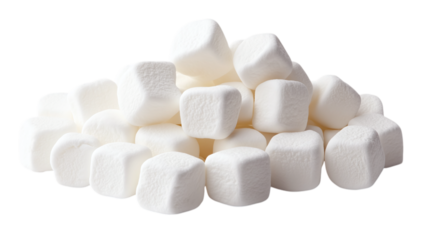Pile of white marshmallows, isolated on transparent white background.