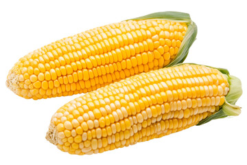 Two yellow corn cobs with green leaves, isolated
