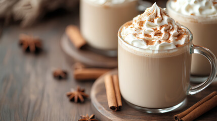 Creamy latte in a glass mug topped with whipped cream and cinnamon