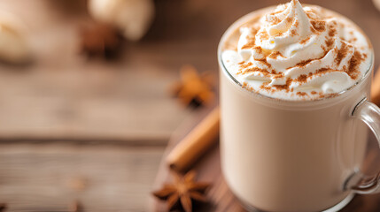 Creamy latte in a glass mug topped with whipped cream and cinnamon